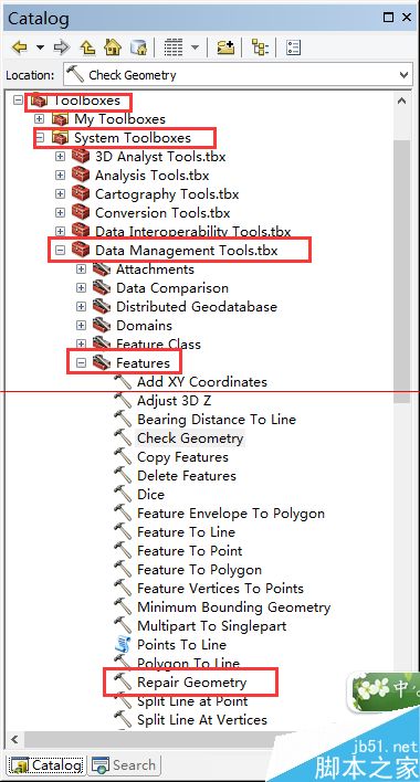 依次展开ToolboxesSystem ToolboxesData Management Tool要素(Features)几何修复(Repair Geometry); 3、在弹出的窗口中设置修复图层